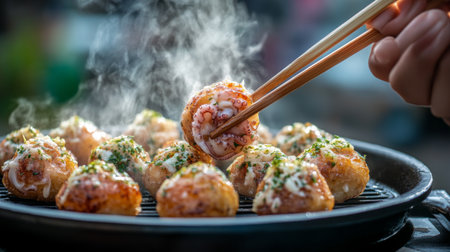 A captivating image of grilled takoyaki being enjoyed outdoors. A hand delicately picks up a hot, steaming takoyaki ball, highlighting the delicious street food experience.の素材