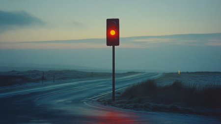 A captivating image of a red traffic light on a foggy road at dawn, symbolizing pause and reflection in a tranquil, deserted landscape.の素材