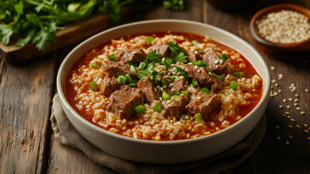 A warm, comforting bowl of hearty beef stew with tender meat and rice, garnished with fresh herbs and sesame seeds, perfect for cozy meals. Ideal for culinary inspiration.の素材