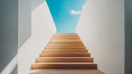 A serene and modern minimalist staircase ascends toward a bright blue sky, framed by white walls. This image captures tranquility and ascendance in an inviting atmosphere.の素材