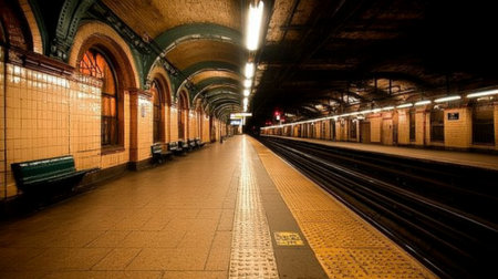 A tranquil scene of an industrial subway station, featuring an empty platform with vintage tiles, arches, and soft lighting, capturing the essence of urban travel and architecture.の素材