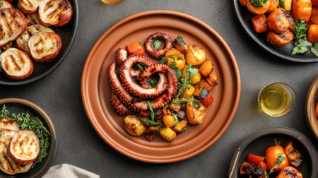 A beautifully arranged plate featuring grilled octopus and assorted sautの素材