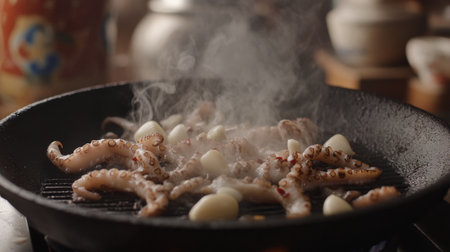 This close-up image showcases delicious grilled octopus tentacles cooking with garlic. Aromatic steam rises, highlighting a unique culinary experience full of flavor.の素材