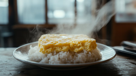 Enjoy a tantalizing close-up of a fluffy omelette served on a bed of steaming white rice, capturing the essence of comfort food and culinary delight.の素材