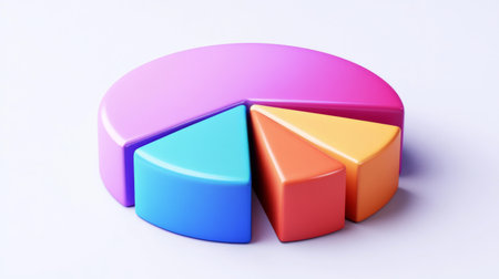 A vibrant 3D pie chart with colorful segments that effectively represents data distribution, ideal for business presentations, reports, and marketing visuals.の素材