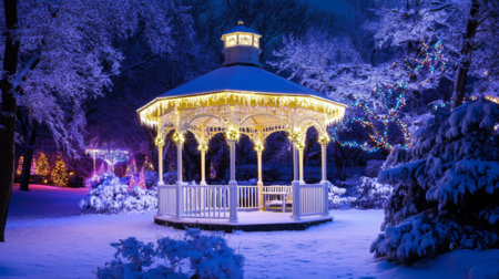 This enchanting winter image captures a beautifully decorated gazebo in a snowy landscape, illuminated by sparkling lights, creating a magical and serene atmosphere.の素材