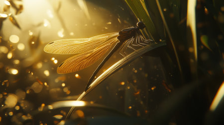 A mesmerizing close-up of a dragonfly resting on a lush leaf, illuminated by soft golden light, showcasing intricate wing details and creating a tranquil natural atmosphere.の素材