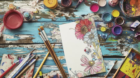 A colorful assortment of art supplies including brushes and paints strewn across a rustic wooden surface, inviting creativity and artistic expression on an unfinished sketch.の素材
