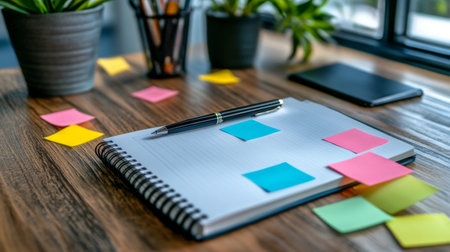 A vibrant workspace featuring a notepad with colorful sticky notes, a pen, and indoor plants, perfect for promoting creativity and productivity in any office setting.の素材