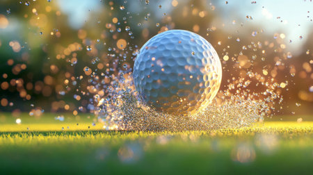 A close-up shot of a golf ball splashing through water droplets on lush green grass during sunset. This dynamic image captures the essence of sport and nature beautifully.の素材
