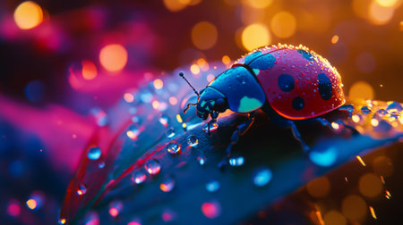 A stunning close-up image of a ladybug perched on a fresh green leaf, adorned with glistening water droplets, set against a lively and colorful bokeh background.の素材
