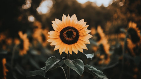 A stunning single sunflower stands tall in a vibrant field, radiating summer charm with its bright yellow petals and rich, dark center, evoking feelings of joy and serenity.の素材