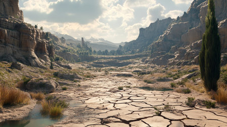 Captivating view of a dry, cracked landscape with distant mountains and sparse vegetation, capturing the beauty of arid wilderness under a bright sky.の素材