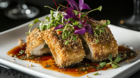 Delight in a beautifully crafted dish featuring crispy fried fish fillet topped with fresh herbs and vibrant edible flowers, creating an exquisite culinary experience.の素材