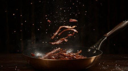 Experience the dynamic action of crispy bacon strips frying in a pan, captured mid-air with spices, showcasing the joy and appeal of culinary delights in a dramatic dark setting.の素材