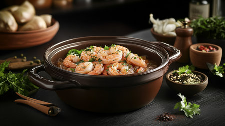 A sumptuous dish of freshly cooked shrimp sits in a stylish brown casserole, garnished with herbs and surrounded by cooking ingredients, perfect for any culinary enthusiast.の素材