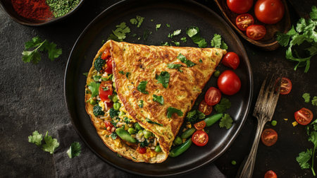 This image showcases a beautifully arranged vegetable omelette on a dark plate, complemented by fresh tomatoes and herbs, perfect for a healthy meal.の素材
