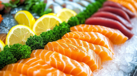 A vibrant arrangement of freshly sliced salmon and tuna sashimi, garnished with lemon and greens on ice, ideal for showcasing exquisite culinary artistry.の素材