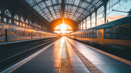 A breathtaking scene of a train station bathed in golden sunlight at sunrise, showcasing elegant architecture and a calm atmosphere, ideal for travel enthusiasts.の素材
