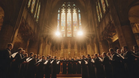 A stunning choir performance in a grand cathedral, featuring beautiful stained glass and radiant lighting, capturing the essence of music and spirituality in a serene atmosphere.の素材