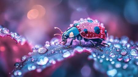 A stunning close-up of a colorful beetle adorned with dew drops on a vibrant leaf, showcasing the intricate details of nature's beauty in vivid colors and delicate textures.の素材