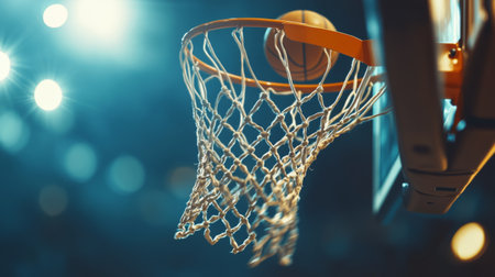 A captivating moment showcasing a basketball soaring towards the hoop, capturing the excitement of the game in a lively indoor arena filled with dramatic lighting.の素材