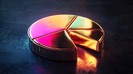 A stunning 3D pie chart with a metallic finish and vibrant color gradients on a dark surface, visually representing data analysis and financial insights in a creative way.の素材