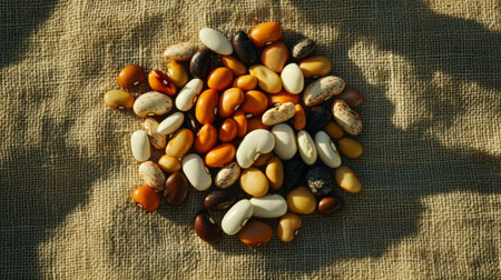 A stunning collection of various dried beans elegantly arranged on a textured fabric backdrop, illustrating the beauty and diversity of natural foods perfect for culinary creations.の素材