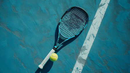 A vibrant tennis racket and a bright yellow ball resting on a blue court surface, showcasing the excitement and energy of the sport in an inviting scene for fitness enthusiasts.の素材