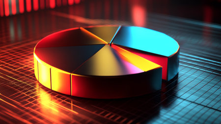 A striking 3D pie chart featuring vibrant colors, set against an abstract background that symbolizes data analysis and business insights in a modern digital environment.の素材
