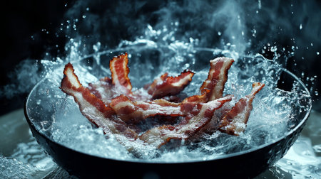 Crispy bacon strips sizzle in hot oil, creating dynamic splashes, capturing the essence of culinary delight in a dark, inviting kitchen atmosphere. Perfect for food lovers.の素材