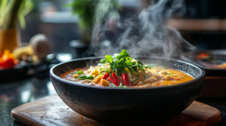A vibrant bowl of spicy noodle soup topped with fresh herbs and chili peppers, creating a warm and inviting dining experience. Perfect for food lovers and cooking enthusiasts.の素材