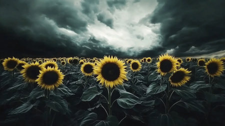 A captivating scene showcasing a vibrant field of sunflowers beneath a moody and dramatic sky filled with dark clouds, highlighting the beauty and contrasts of nature.の素材