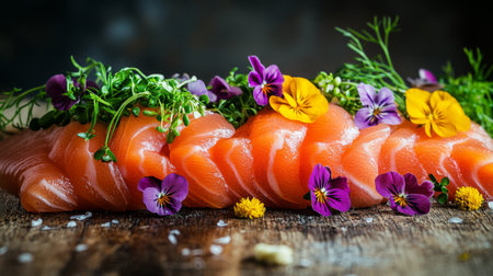 Beautifully arranged slices of salmon are adorned with edible flowers and fresh herbs, creating an impressive presentation that highlights culinary creativity and fresh ingredients.の素材