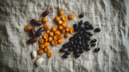 Discover a vibrant collection of raw beans on a textured fabric background, showcasing the rich diversity of legumes ideal for healthy dietary choices and culinary inspiration.の素材