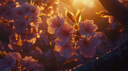 Experience the stunning beauty of cherry blossoms illuminated by the golden hues of a sunset, creating a peaceful and serene atmosphere in nature's embrace.の素材
