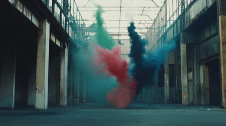 A powerful display of colorful smoke in an abandoned industrial setting, perfect for adding dramatic visual elements to artistic projects or creative designs.の素材