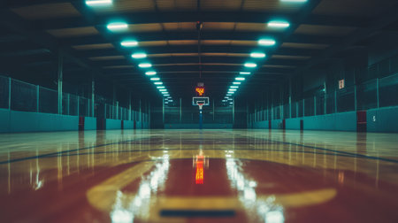 An inviting view of an empty indoor basketball court, featuring polished flooring, vibrant lighting, and ample space for sports activities and fitness events.の素材