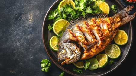 A beautifully grilled whole fish garnished with lime and cilantro, presented on a dark plate. Perfect for showcasing culinary skills and delicious seafood meals.の素材