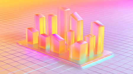 A vibrant digital cityscape featuring translucent glass-like buildings in radiant colors, capturing the essence of modern architecture and innovative design in a futuristic atmosphere.の素材