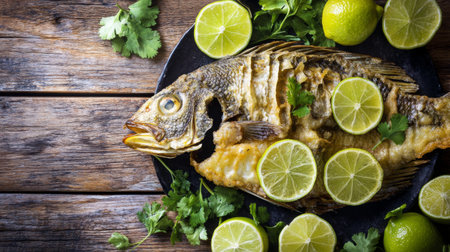 A beautifully presented whole fish topped with fresh lime and cilantro on a rustic wooden table, ideal for nature-inspired culinary photography and food blogs.の素材