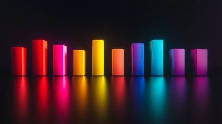 Vibrant geometric shapes create a stunning visual representation of sound waves, set against a dark background, highlighting dynamic colors and reflections.の素材