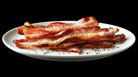 Enjoy a mouthwatering view of crispy fried bacon strips served on a white plate, garnished with pepper, perfect for sparking culinary inspiration for any meal.の素材