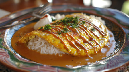 A beautifully presented omelette atop fluffy rice, drizzled with savory sauce and fresh herbs, ready to delight the palate in every bite, perfect for any meal.の素材
