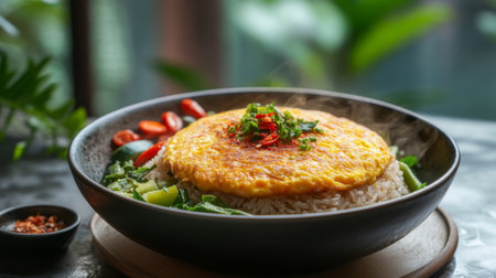 A visually appealing rice bowl featuring a fluffy yellow omelette atop steamed rice, complemented by fresh vegetables and red beans, perfect for a nutritious meal.の素材