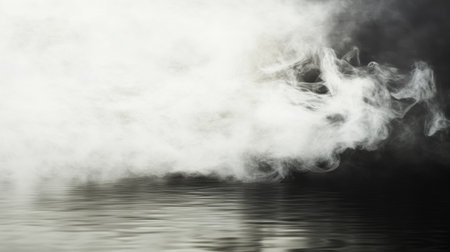 Ethereal smoke drifts over a calm water surface, creating a mysterious atmosphere with a soft interplay of light and dark shades in a serene, minimalist composition.の素材