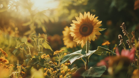 A stunning sunflower stands tall amidst a colorful garden, illuminated by warm sunlight, capturing the essence of nature's beauty and vibrant life ideal for various creative projects.の素材