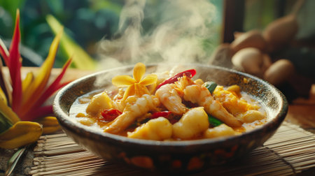 This enticing shrimp curry dish showcases fresh ingredients with steam rising, set in a rustic bowl against a lush tropical backdrop, ideal for culinary visuals.の素材