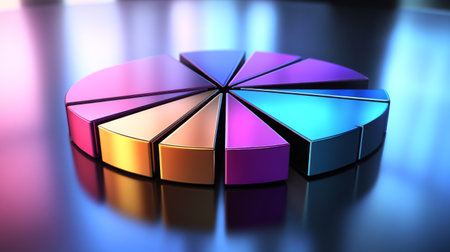 This vibrant 3D pie chart showcases colorful segments set on a smooth reflective surface, ideal for illustrating data visualization concepts and engaging presentations.の素材