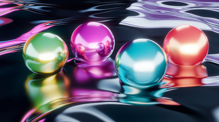 A captivating image featuring colorful reflective spheres resting on a shimmering surface. The interplay of light and color creates an engaging and modern visual experience.の素材